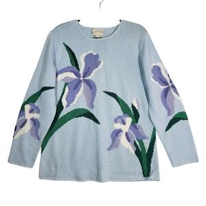 VTG Belle Isle Iris Floral Sweater L 12/14 Blue Ramie Cotton Cottagecore NWT